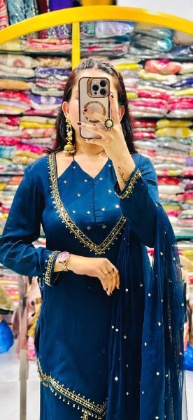 Compact Blue Designer Roman Glass Top Plazzo Set with Real Mirror Embroidery Ready To Wear Collection