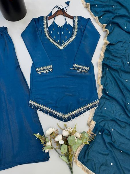 Compact Blue Designer Roman Glass Top Plazzo Set with Real Mirror Embroidery Ready To Wear Collection