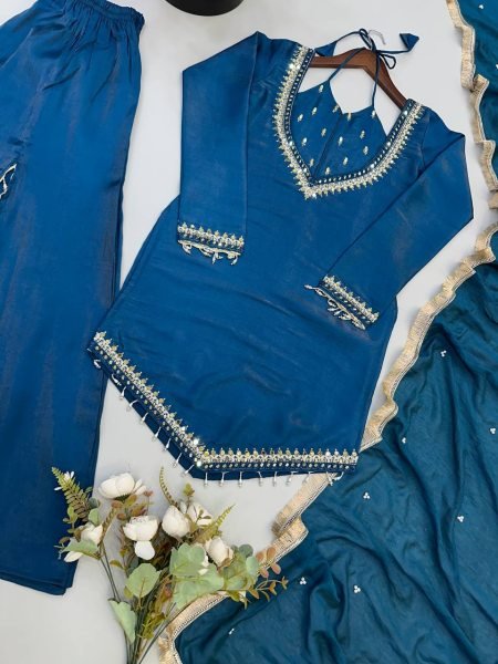 Compact Blue Designer Roman Glass Top Plazzo Set with Real Mirror Embroidery Ready To Wear Collection