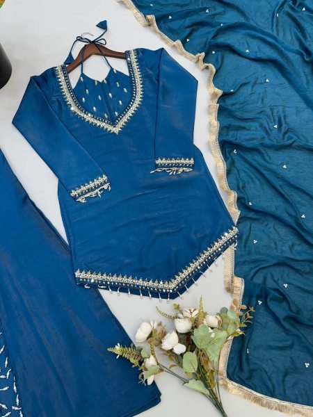 Compact Blue Designer Roman Glass Top Plazzo Set with Real Mirror Embroidery Ready To Wear Collection