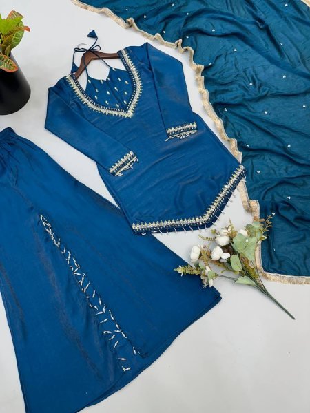 Compact Blue Designer Roman Glass Top Plazzo Set with Real Mirror Embroidery Ready To Wear Collection