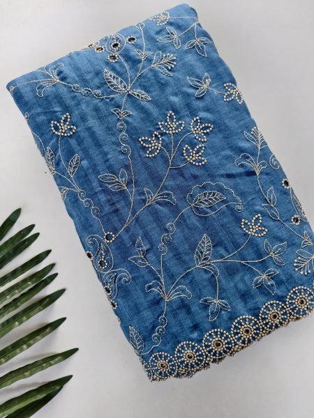 Compact Blue Pure Soft Silk Saree with Floral Thread Handwork and Cutwork Border Silk Sarees Wholesale