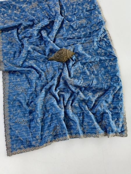 Compact Blue Pure Soft Silk Saree with Floral Thread Handwork and Cutwork Border Silk Sarees Wholesale