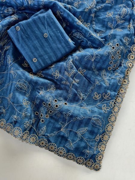 Compact Blue Pure Soft Silk Saree with Floral Thread Handwork and Cutwork Border Silk Sarees Wholesale