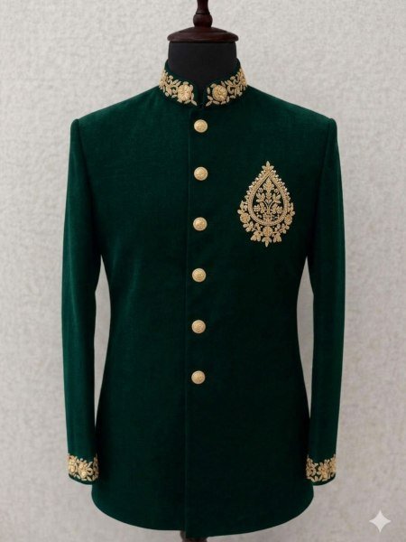 Compact Bottle Green Bandhgala Jacket with Gold Zardozi Embroidery Mens Wear