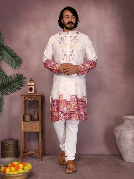 Compact Cream Festive Wear Heavy Khadi Cotton Kurta Pyjama for Men 