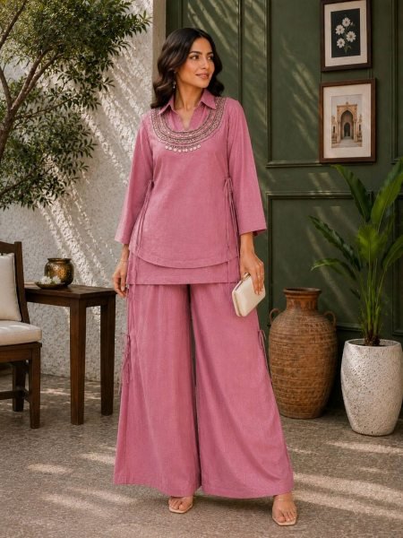 Compact Crush Blush Pink Women's Co-Ord Style Kurti Set At Factory Discount Price 