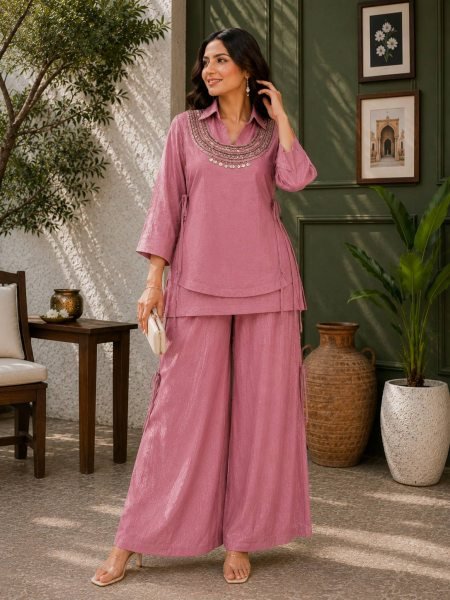 Compact Crush Blush Pink Women's Co-Ord Style Kurti Set At Factory Discount Price Ready To Wear Collection