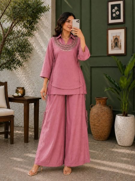 Compact Crush Blush Pink Women's Co-Ord Style Kurti Set At Factory Discount Price Ready To Wear Collection