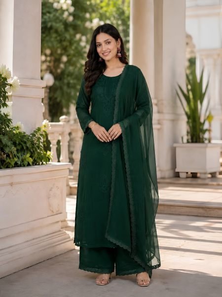Compact Dark Green Party Wear Fox Blooming Georgette Top Palazzo Dupatta Set 