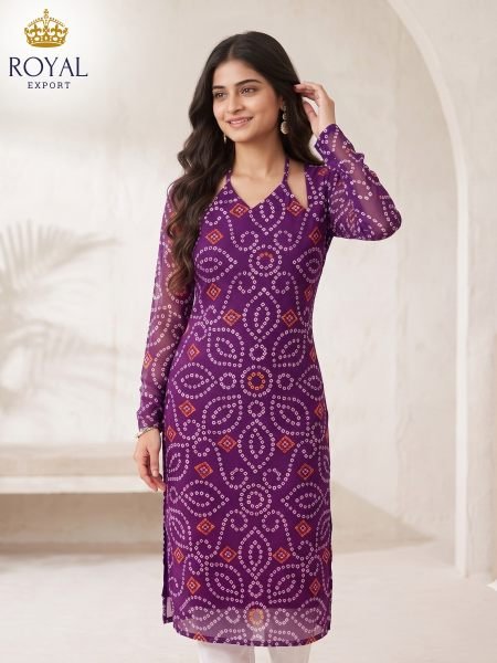 Compact Deep Purple Traditional Bandhani Print Long Kurti with Chudidar Sleeves 