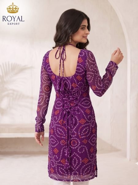Compact Deep Purple Traditional Bandhani Print Long Kurti with Chudidar Sleeves  Straight Cut Long Kurtis