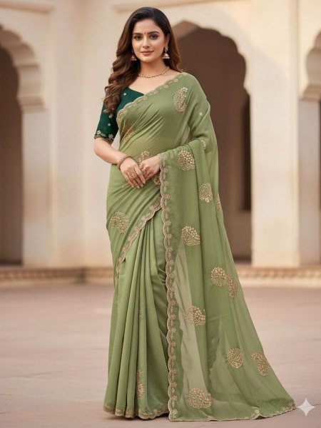 Compact Green Designer Star Georgette Saree with Heavy Embroidery and Running Blouse Sarees 