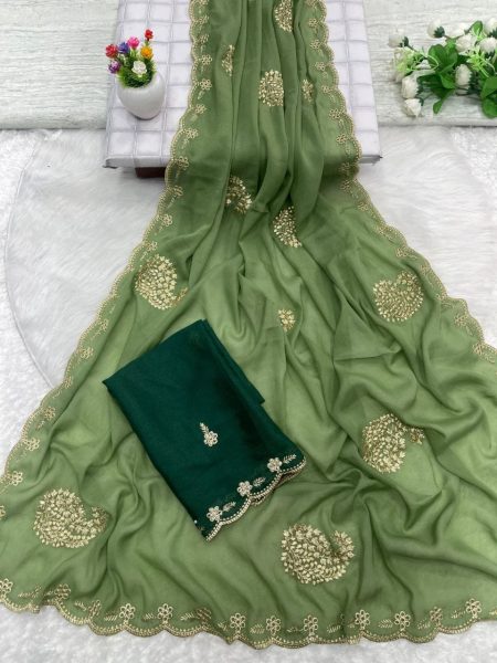 Compact Green Designer Star Georgette Saree with Heavy Embroidery and Running Blouse Embroidery Sarees Wholesale