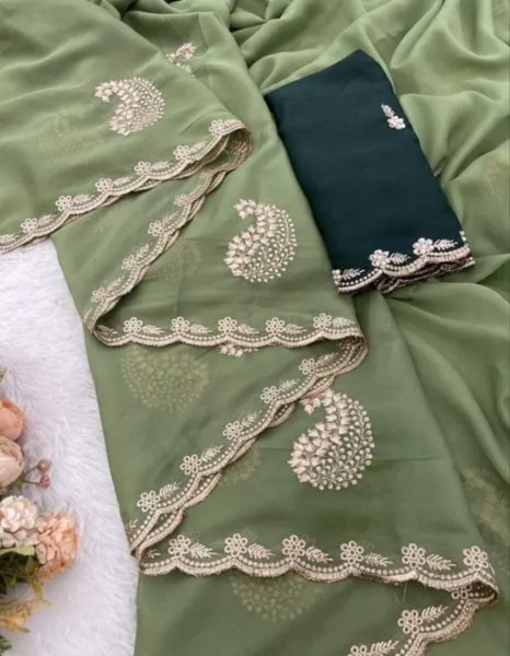 Compact Green Designer Star Georgette Saree with Heavy Embroidery and Running Blouse Embroidery Sarees Wholesale