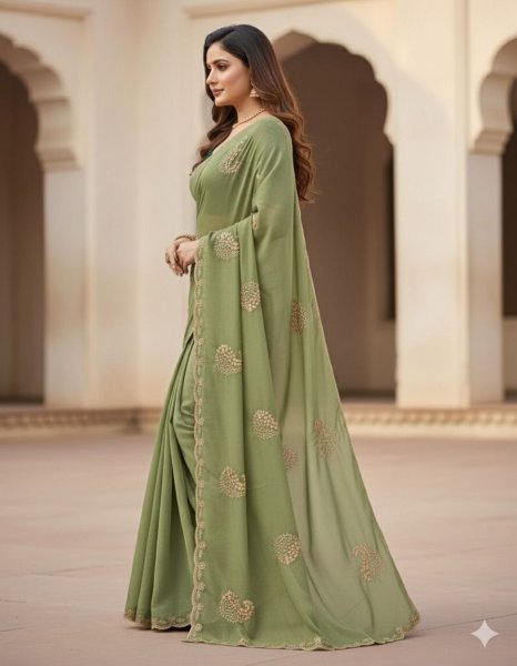 Compact Green Designer Star Georgette Saree with Heavy Embroidery and Running Blouse Embroidery Sarees Wholesale