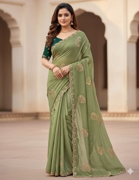 Compact Green Designer Star Georgette Saree with Heavy Embroidery and Running Blouse Embroidery Sarees Wholesale