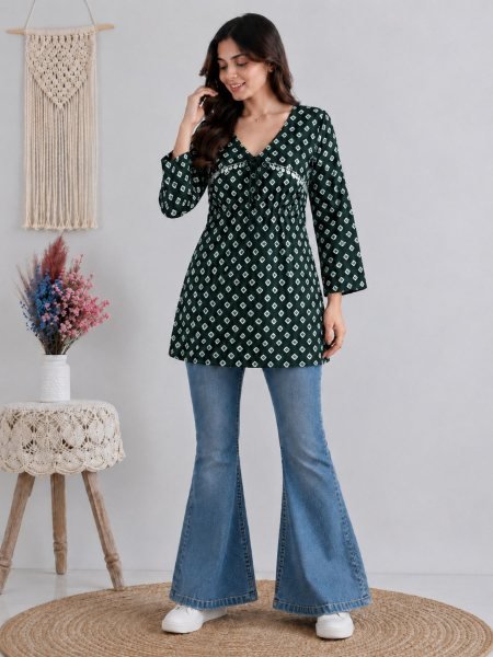 Compact Green Summer Special Cotton Bandhani Kurti Top Set for Daily Wear 