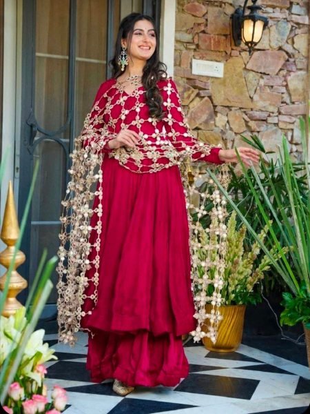 Compact Hot Pink Roman Silk Anarkali with Mirror Dupatta for Special Occasions 