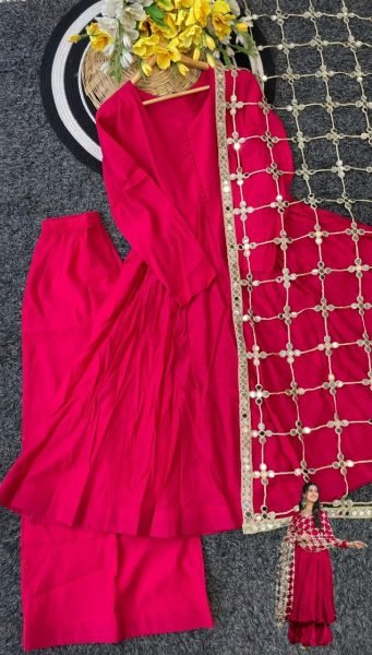Compact Hot Pink Roman Silk Anarkali with Mirror Dupatta for Special Occasions Ready To Wear Collection