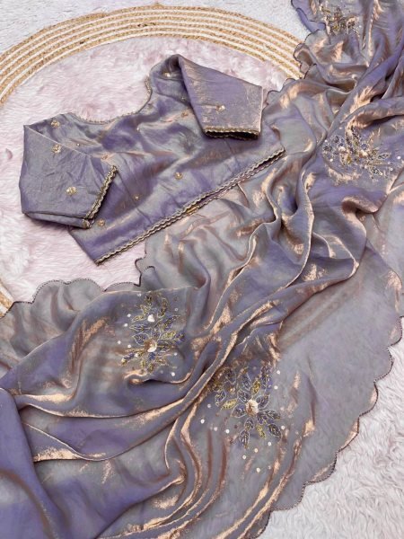 Compact Lavender Designer Bollywood Inspired Fandy Satin Saree WIth Stitched Blouse 