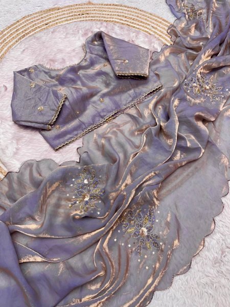 Compact Lavender Designer Bollywood Inspired Fandy Satin Saree WIth Stitched Blouse Bollywood Fancy Sarees Wholesale