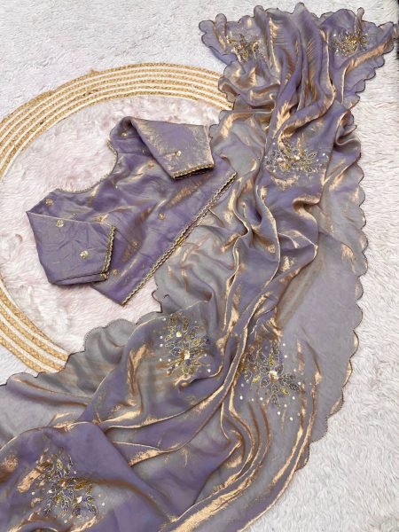 Compact Lavender Designer Bollywood Inspired Fandy Satin Saree WIth Stitched Blouse Bollywood Fancy Sarees Wholesale