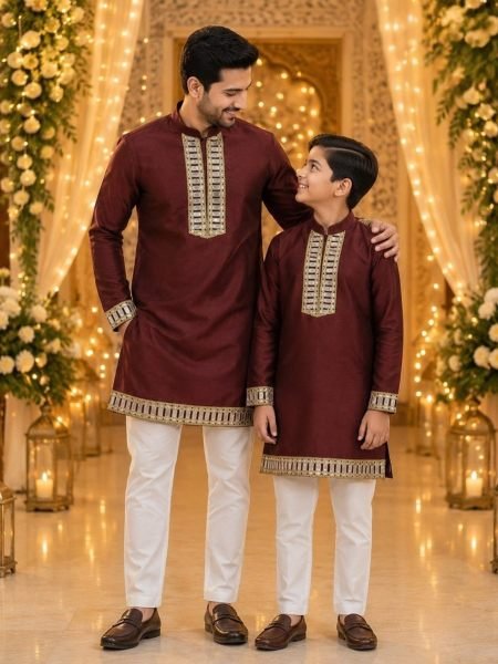 Compact Maroon Designer Father Son Cotton Kurta Collection For Festival Collection Mens Wear