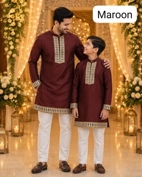 Compact Maroon Designer Father Son Cotton Kurta Collection For Festival Collection Father Son Collection 