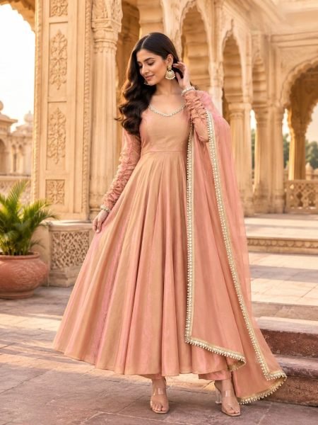 Compact Peach Fendy Silk Embroidered Gown Pant Dupatta Set at Wholesale Rate 