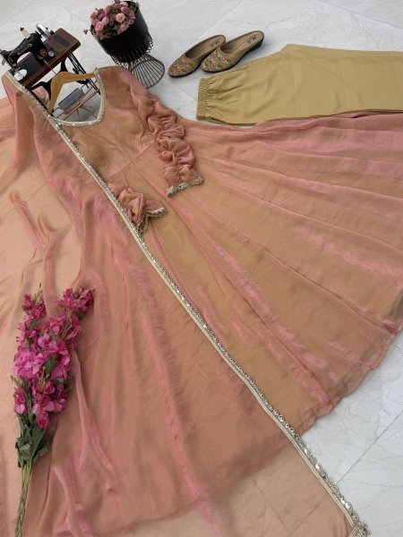 Compact Peach Fendy Silk Embroidered Gown Pant Dupatta Set at Wholesale Rate Ready To Wear Collection