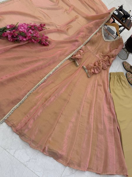 Compact Peach Fendy Silk Embroidered Gown Pant Dupatta Set at Wholesale Rate Ready To Wear Collection