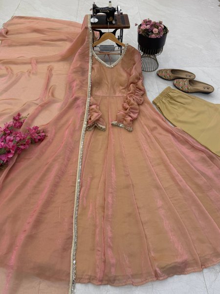 Compact Peach Fendy Silk Embroidered Gown Pant Dupatta Set at Wholesale Rate Ready To Wear Collection
