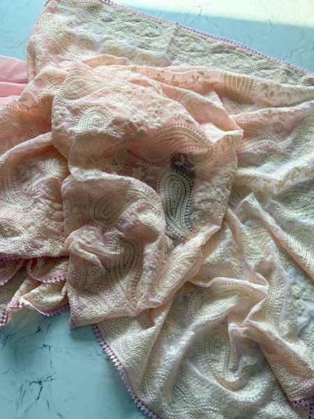 Compact Peach Lucknowi Chikankari Fox Georgette Saree with GPO Lace at Royal Export  Georgette Sarees Wholesale