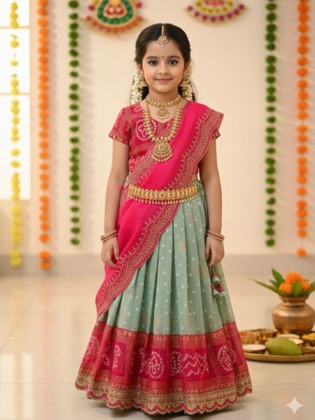 Compact Pink Green Bandhani Silk Kids Lehenga Choli with Dupatta for Festive Wear Kurtis