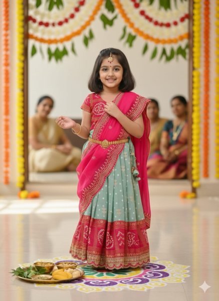 Compact Pink Green Bandhani Silk Kids Lehenga Choli with Dupatta for Festive Wear Girls Wear