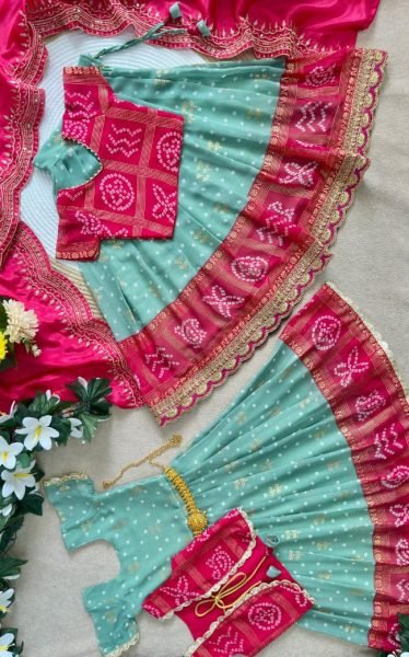 Compact Pink Green Bandhani Silk Kids Lehenga Choli with Dupatta for Festive Wear Girls Wear
