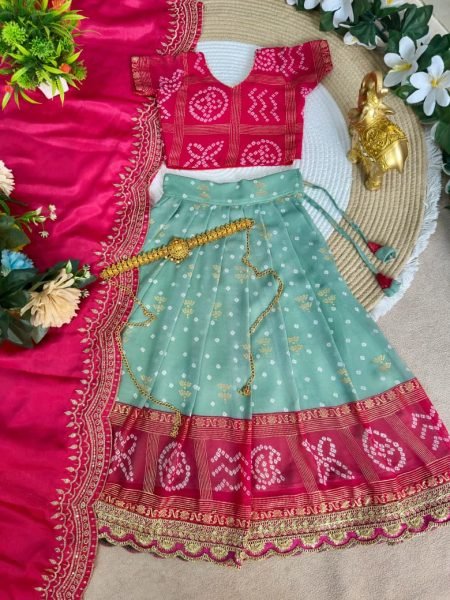Compact Pink Green Bandhani Silk Kids Lehenga Choli with Dupatta for Festive Wear Girls Wear