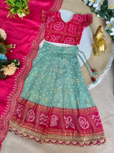 Compact Pink Green Bandhani Silk Kids Lehenga Choli with Dupatta for Festive Wear Girls Wear