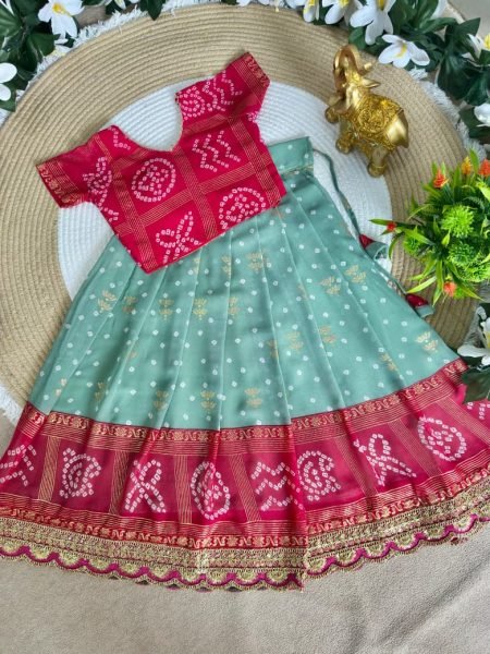 Compact Pink Green Bandhani Silk Kids Lehenga Choli with Dupatta for Festive Wear Girls Wear