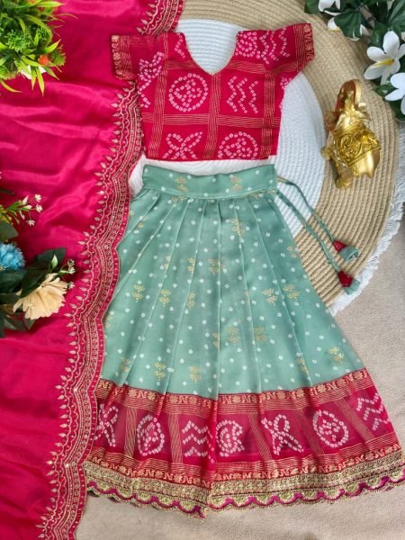Compact Pink Green Bandhani Silk Kids Lehenga Choli with Dupatta for Festive Wear Girls Wear