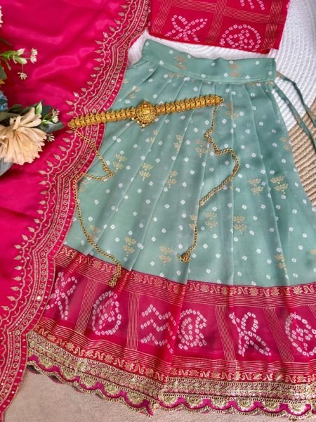 Compact Pink Green Bandhani Silk Kids Lehenga Choli with Dupatta for Festive Wear Girls Wear