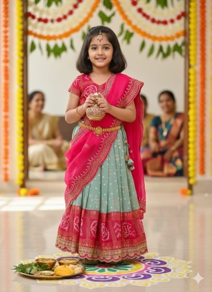 Compact Pink Green Bandhani Silk Kids Lehenga Choli with Dupatta for Festive Wear Girls Wear