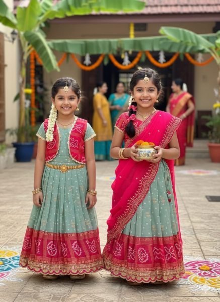 Compact Pink Green Bandhani Silk Kids Lehenga Choli with Dupatta for Festive Wear Girls Wear