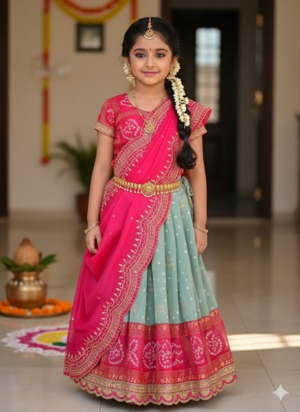 Compact Pink Green Bandhani Silk Kids Lehenga Choli with Dupatta for Festive Wear Girls Wear