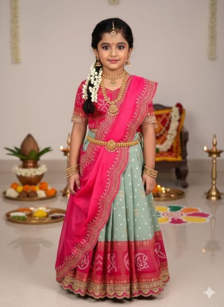 Compact Pink Green Bandhani Silk Kids Lehenga Choli with Dupatta for Festive Wear Girls Wear