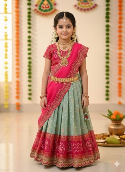 Compact Pink Green Bandhani Silk Kids Lehenga Choli with Dupatta for Festive Wear Girls Wear
