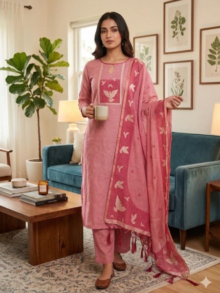 Compact Pink Jamdani Dress Material with Tassel Dupatta for Women Fashion Dress Material 