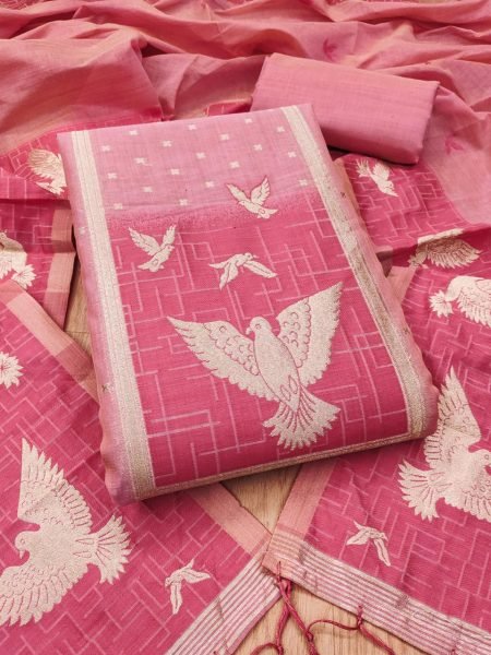 Compact Pink Jamdani Dress Material with Tassel Dupatta for Women Fashion Cotton Dress Material