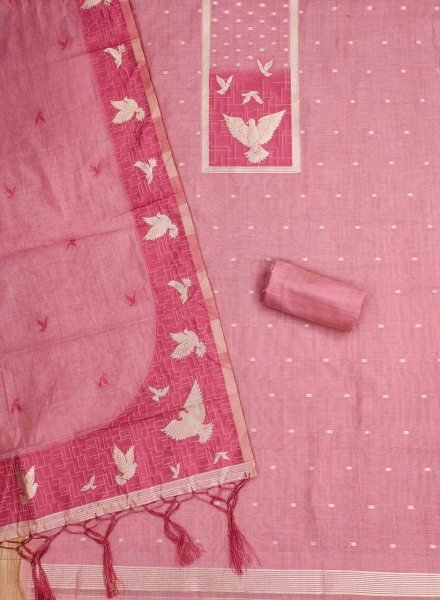 Compact Pink Jamdani Dress Material with Tassel Dupatta for Women Fashion Cotton Dress Material